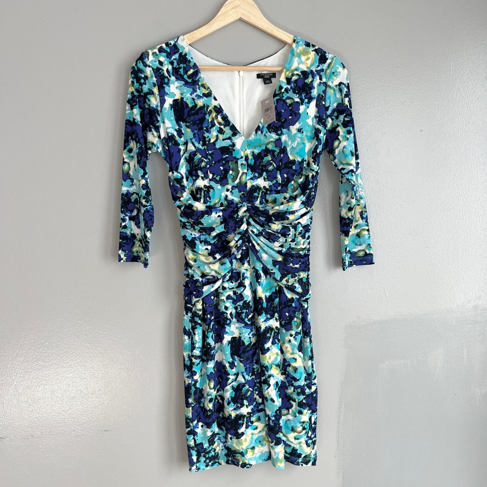 Ann Taylor Sheath Dress Womens 2P Blue Floral Ruched V-Neck Watercolor NWT